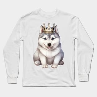 Watercolor Siberian Husky Dog Wearing a Crown Long Sleeve T-Shirt